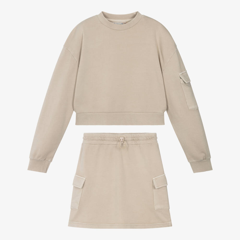 Mayoral-Girls Light Beige Cotton Jersey Cargo Skirt Set | Childrensalon Outlet