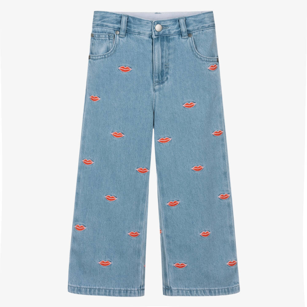 Stella McCartney Kids-Girls Light Blue Denim Jeans with Embroidered Lips | Childrensalon Outlet