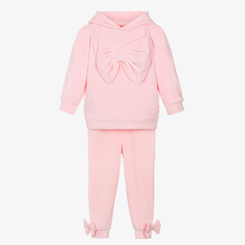 Caramelo Kids-Girls Light Pink Velour Tracksuit with Bows | Childrensalon Outlet