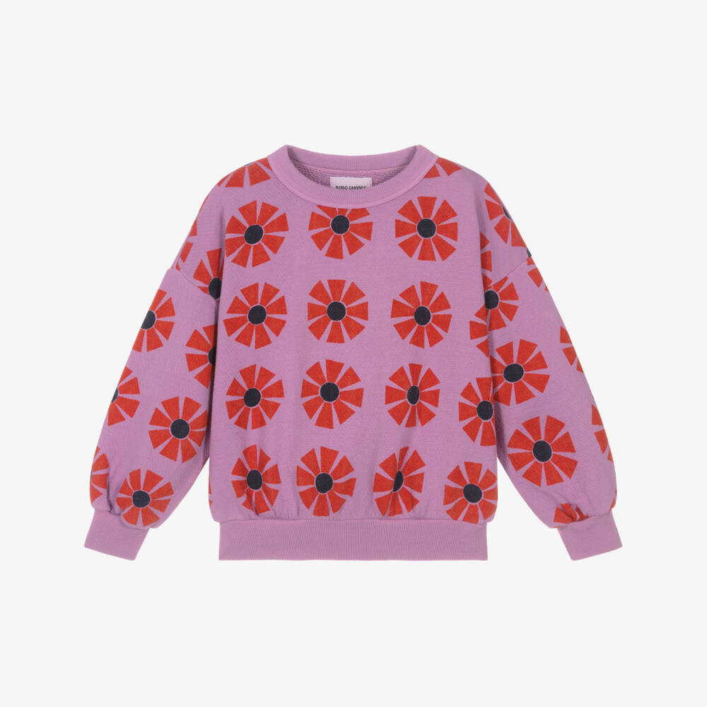 Bobo Choses-Girls Lilac Pink Cotton Sweatshirt with Flower Pattern | Childrensalon Outlet