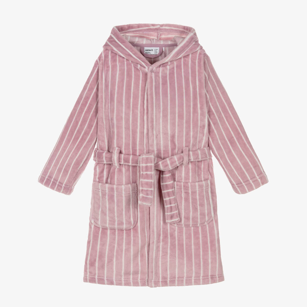 NAME IT-Girls Lilac Pink Plush Dressing Gown with White Stripes | Childrensalon Outlet