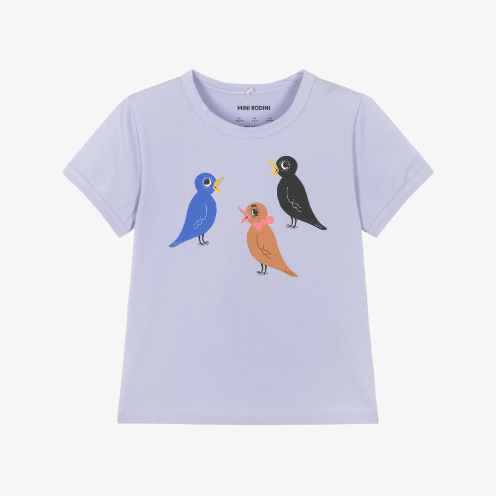 Mini Rodini-Girls Lilac Purple Cotton T-Shirt with Bird Print | Childrensalon Outlet