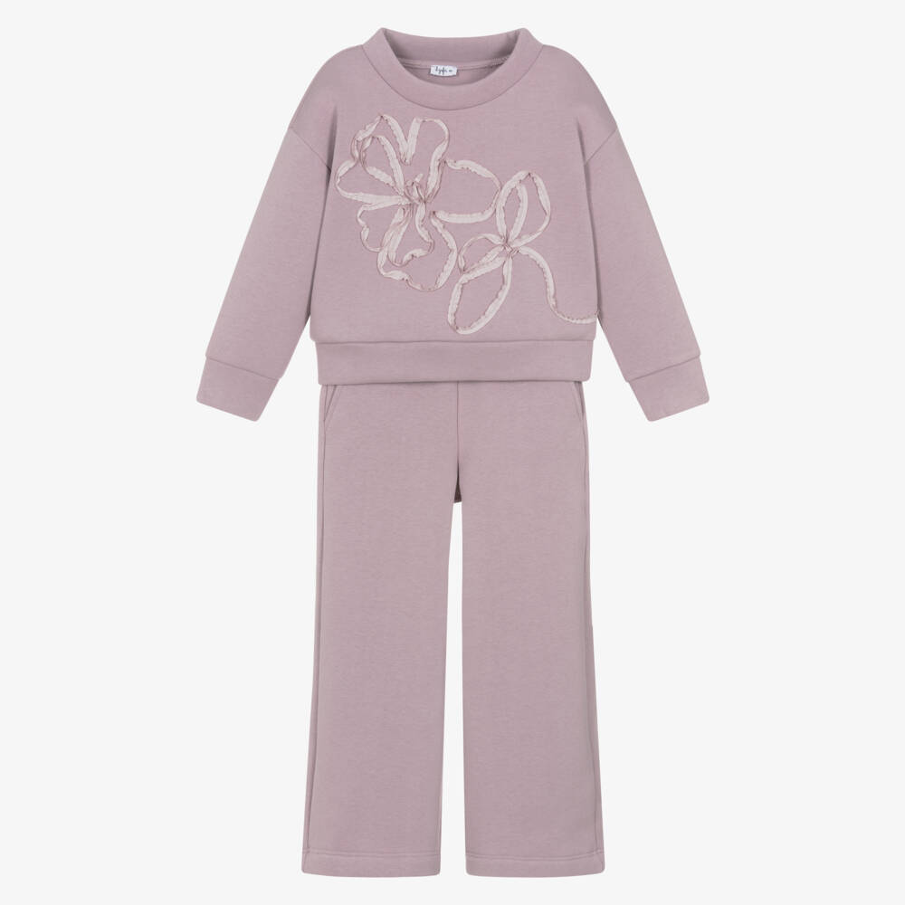Il Gufo-Girls Lilac Purple Cotton Tracksuit with Ribbon Flowers | Childrensalon Outlet
