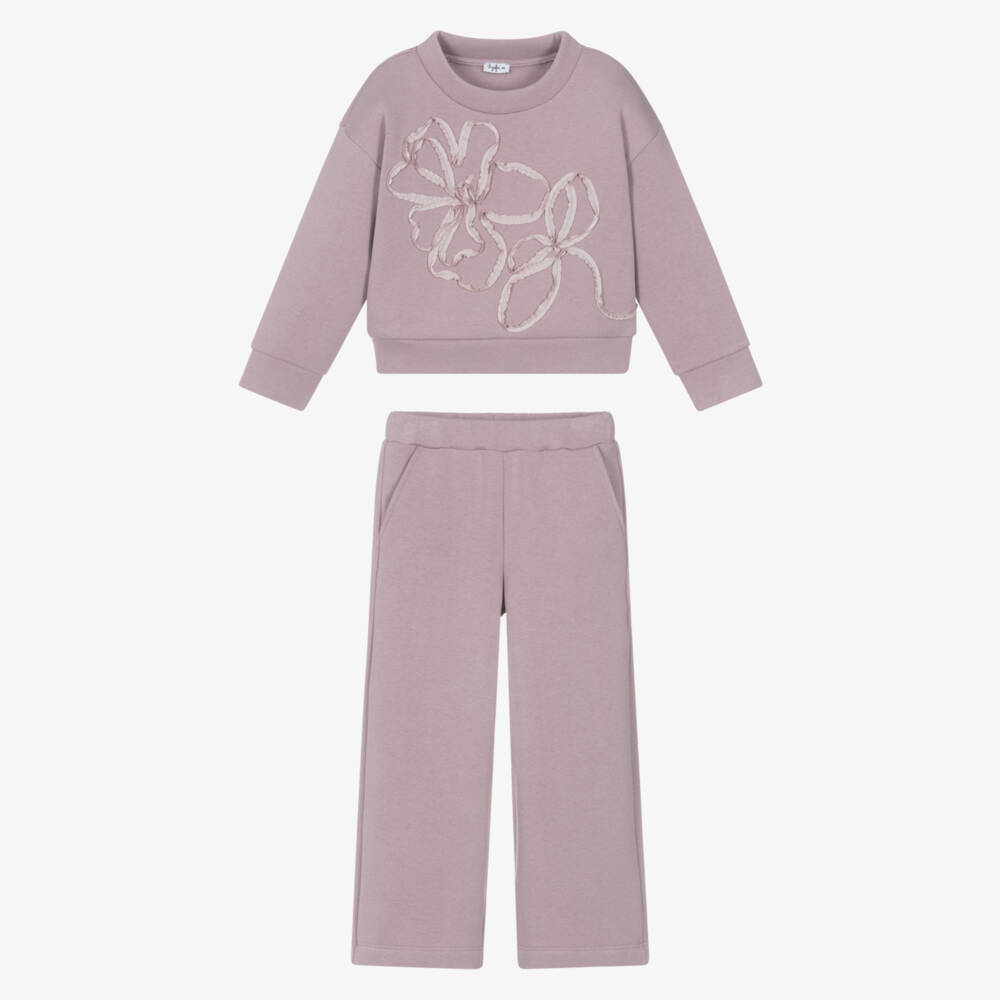 Il Gufo-Girls Lilac Purple Cotton Tracksuit with Ribbon Flowers | Childrensalon Outlet