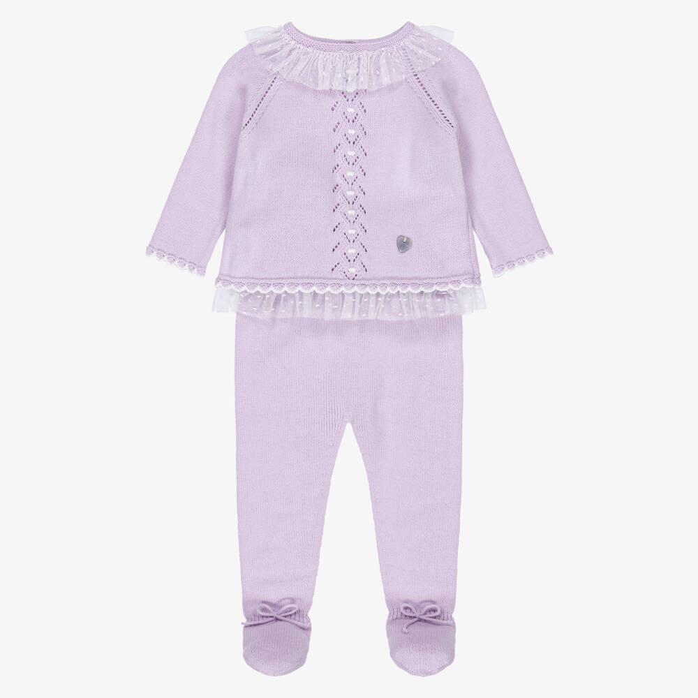 Artesanía Granlei-Girls Lilac Purple Knitted 2 Piece Babygrow with Ruffles | Childrensalon Outlet