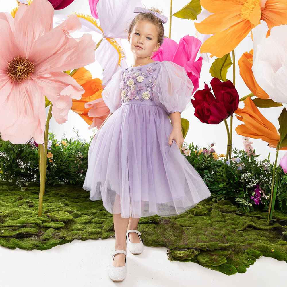 Tutu du Monde-Girls Lilac Purple Tulle Dress with Beaded Flower Appliqués | Childrensalon Outlet