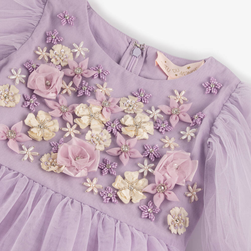Tutu du Monde-Girls Lilac Purple Tulle Dress with Beaded Flower Appliqués | Childrensalon Outlet