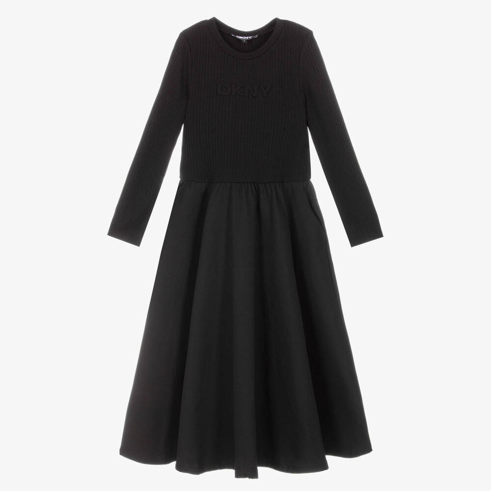 DKNY-Girls Long Black Cotton Dress with Embossed Logo | Childrensalon Outlet