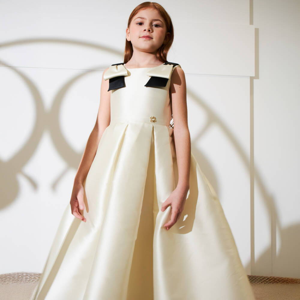Elie Saab-Girls Long Ivory Silk Satin Dress with Black Bows | Childrensalon Outlet
