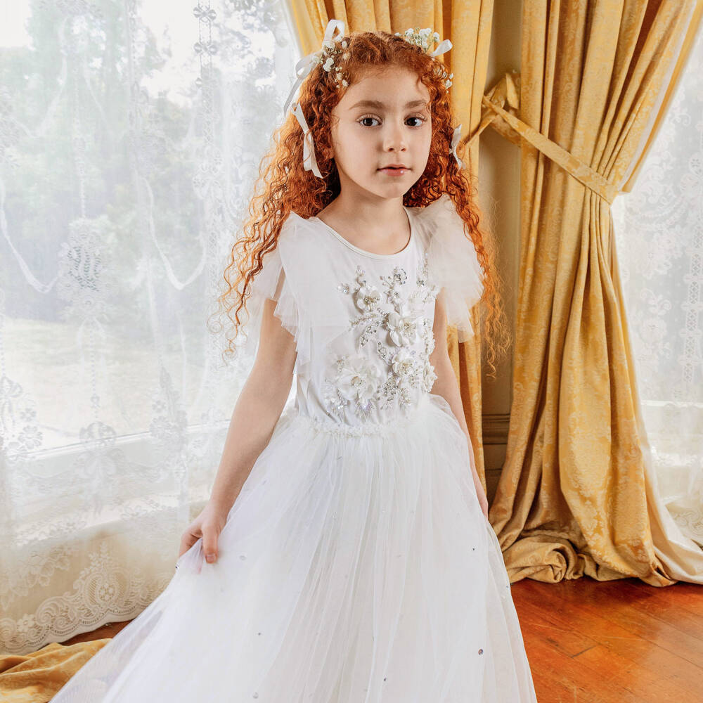 Tutu du Monde-Girls Long Ivory Tulle Dress with Beaded & Sequinned Flowers | Childrensalon Outlet