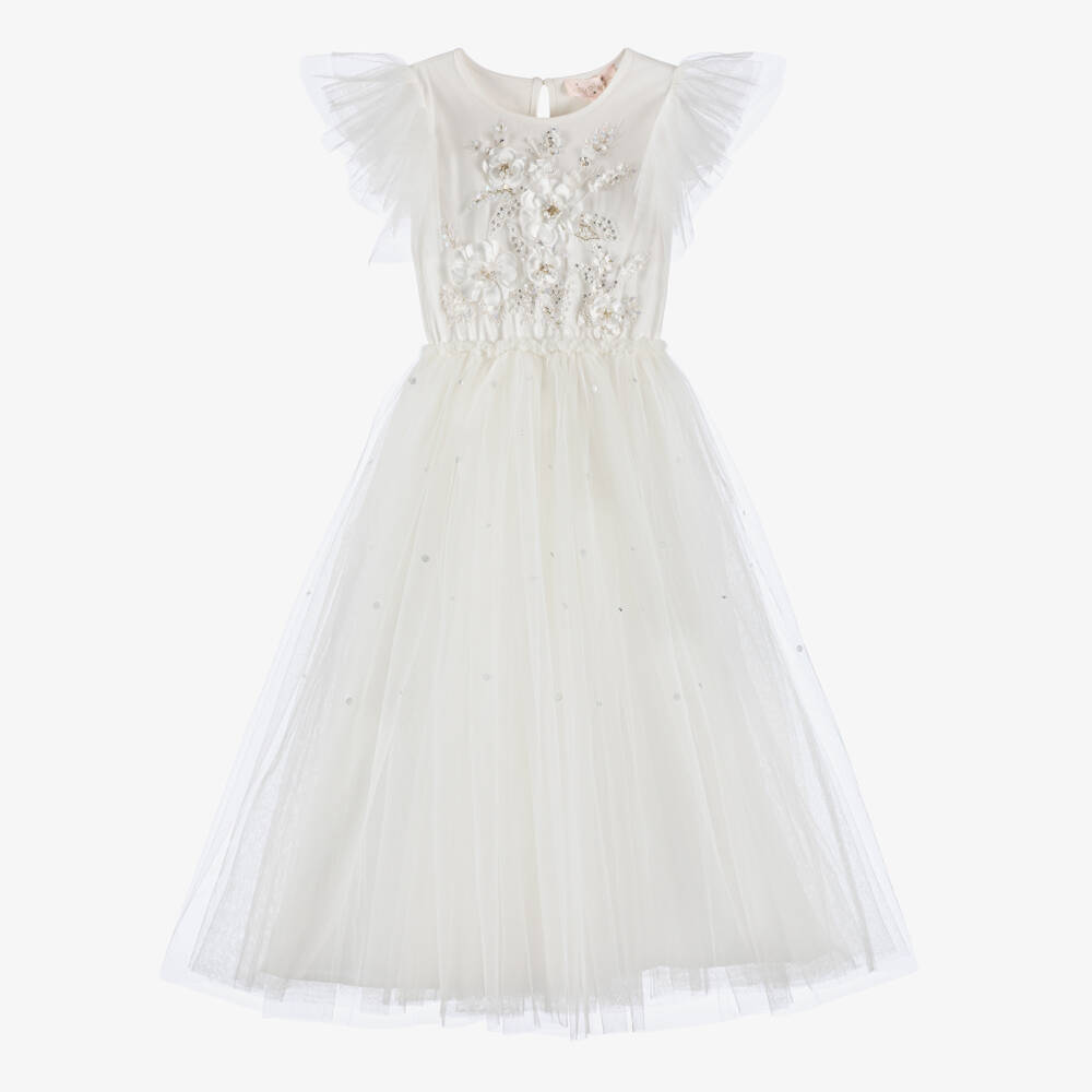 Tutu du Monde-Girls Long Ivory Tulle Dress with Beaded & Sequinned Flowers | Childrensalon Outlet