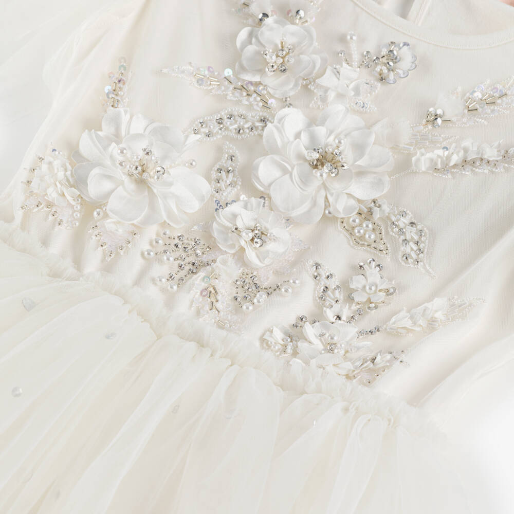 Tutu du Monde-Girls Long Ivory Tulle Dress with Beaded & Sequinned Flowers | Childrensalon Outlet