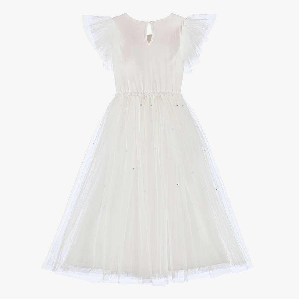 Tutu du Monde-Girls Long Ivory Tulle Dress with Beaded & Sequinned Flowers | Childrensalon Outlet