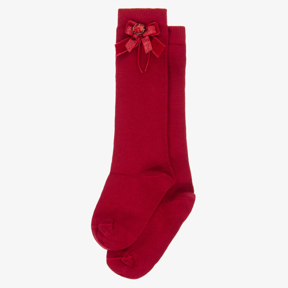 Piccola Speranza-Girls Long Red Cotton Socks with Velvet Bows | Childrensalon Outlet
