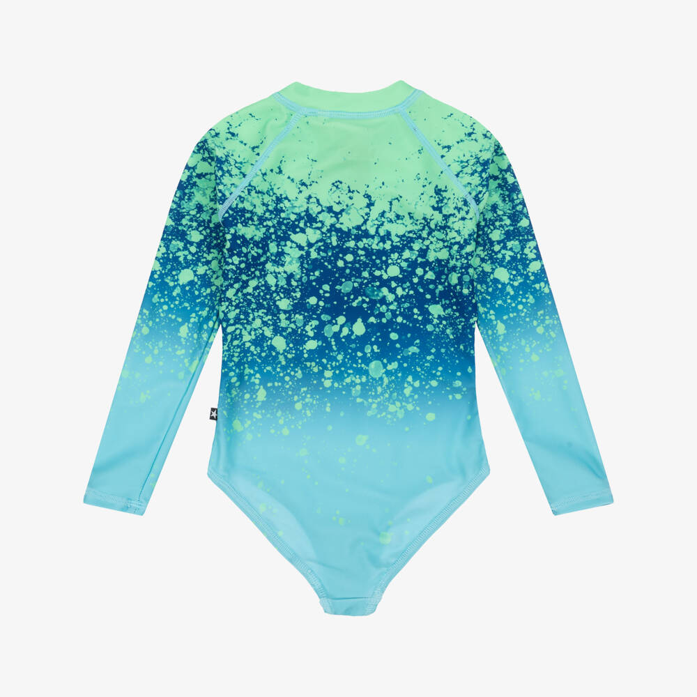 Molo-Girls Long Sleeved Green & Blue Splash Swimsuit (UPF50+) | Childrensalon Outlet