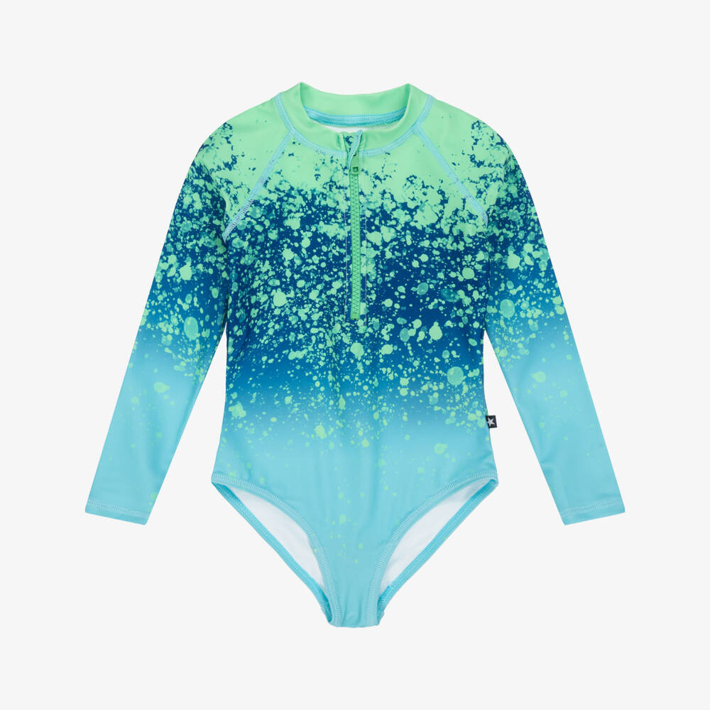 Molo-Girls Long Sleeved Green & Blue Splash Swimsuit (UPF50+) | Childrensalon Outlet