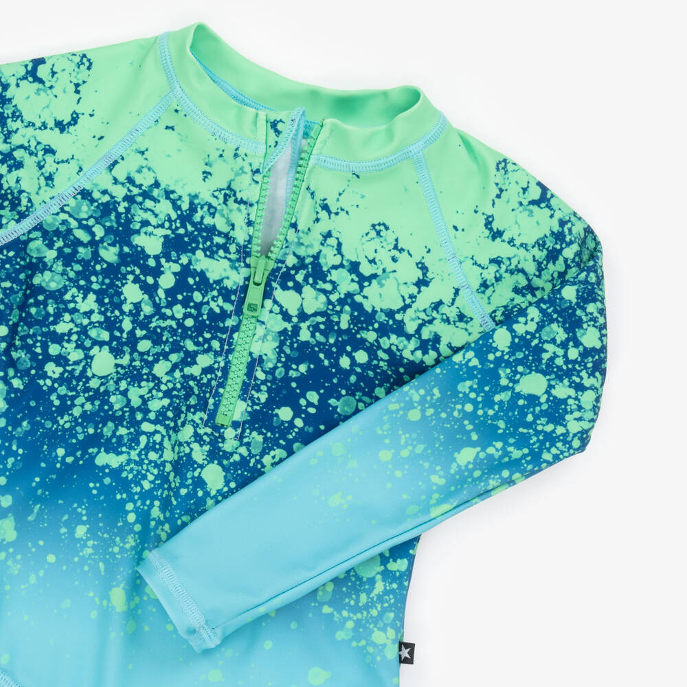 Molo-Girls Long Sleeved Green & Blue Splash Swimsuit (UPF50+) | Childrensalon Outlet