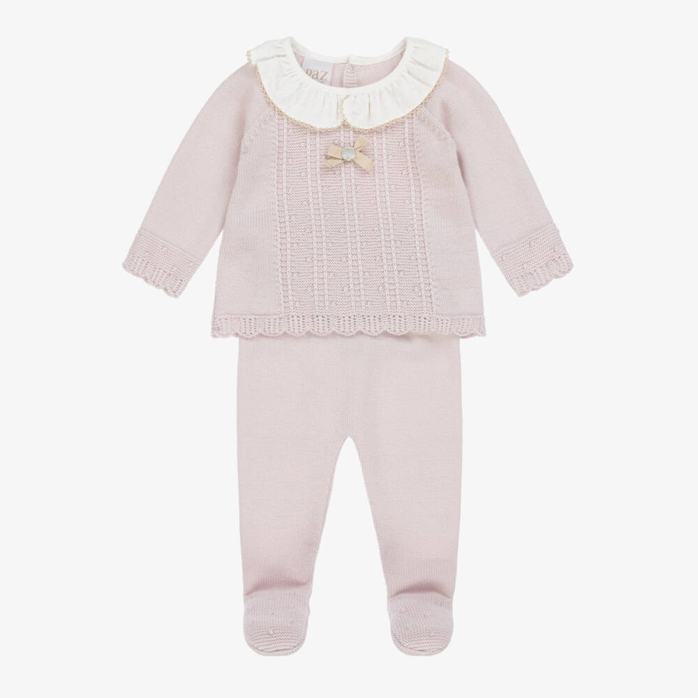 PAZ Rodríguez-Girls Mauve Pink Wool Knit Babygrow with Ruffle Collar | Childrensalon Outlet