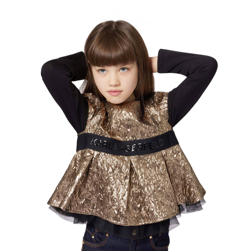 KARL LAGERFELD KIDS-بلوزة ذهبية بنقشة مجعدة للبنات | Childrensalon Outlet