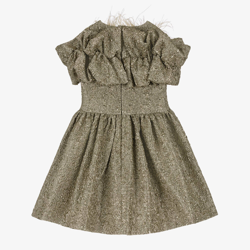 Junona-Girls Metallic Gold Ruffle Dress with Feather Trim | Childrensalon Outlet