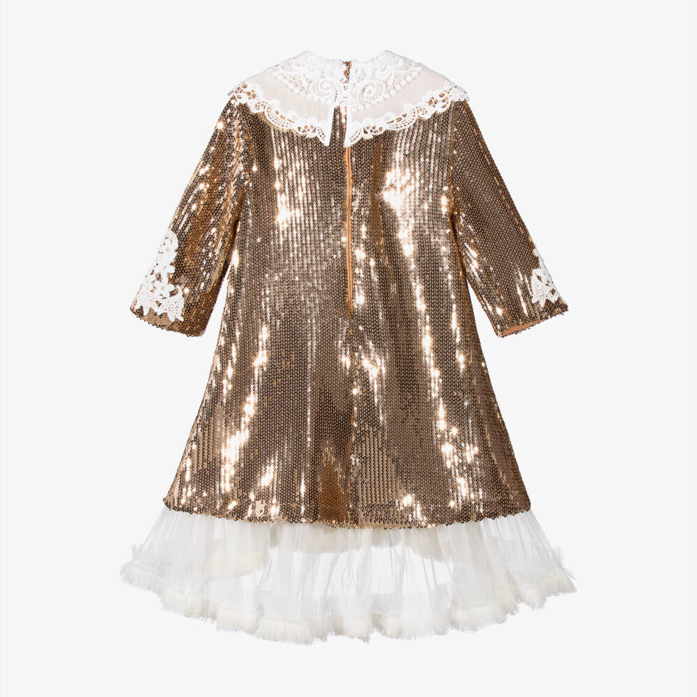 Junona-Girls Metallic Gold Sequinned Dress with Double Lace Collar | Childrensalon Outlet