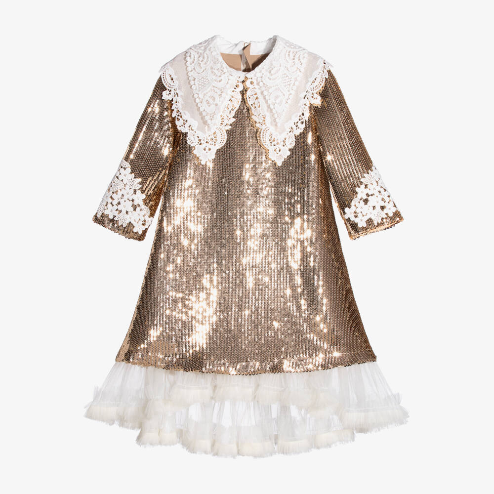 Junona-Girls Metallic Gold Sequinned Dress with Double Lace Collar | Childrensalon Outlet