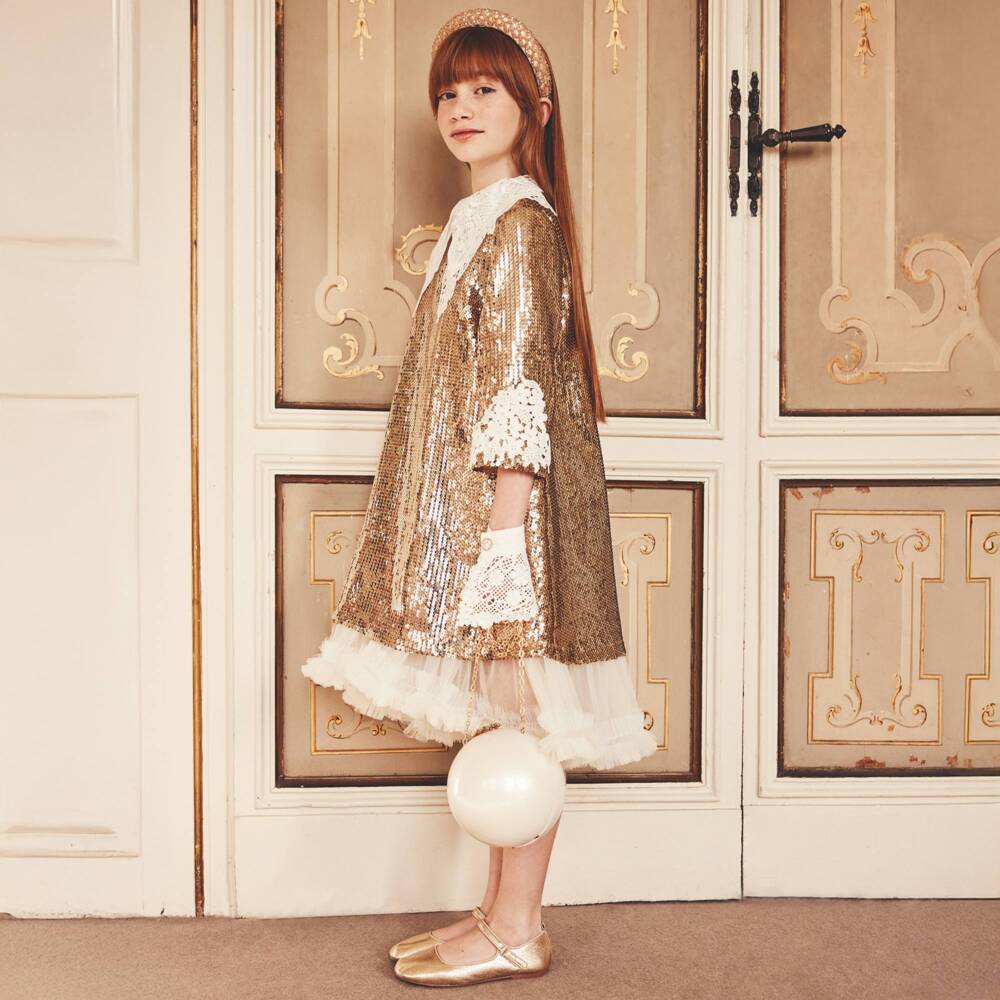 Junona-Girls Metallic Gold Sequinned Dress with Double Lace Collar | Childrensalon Outlet