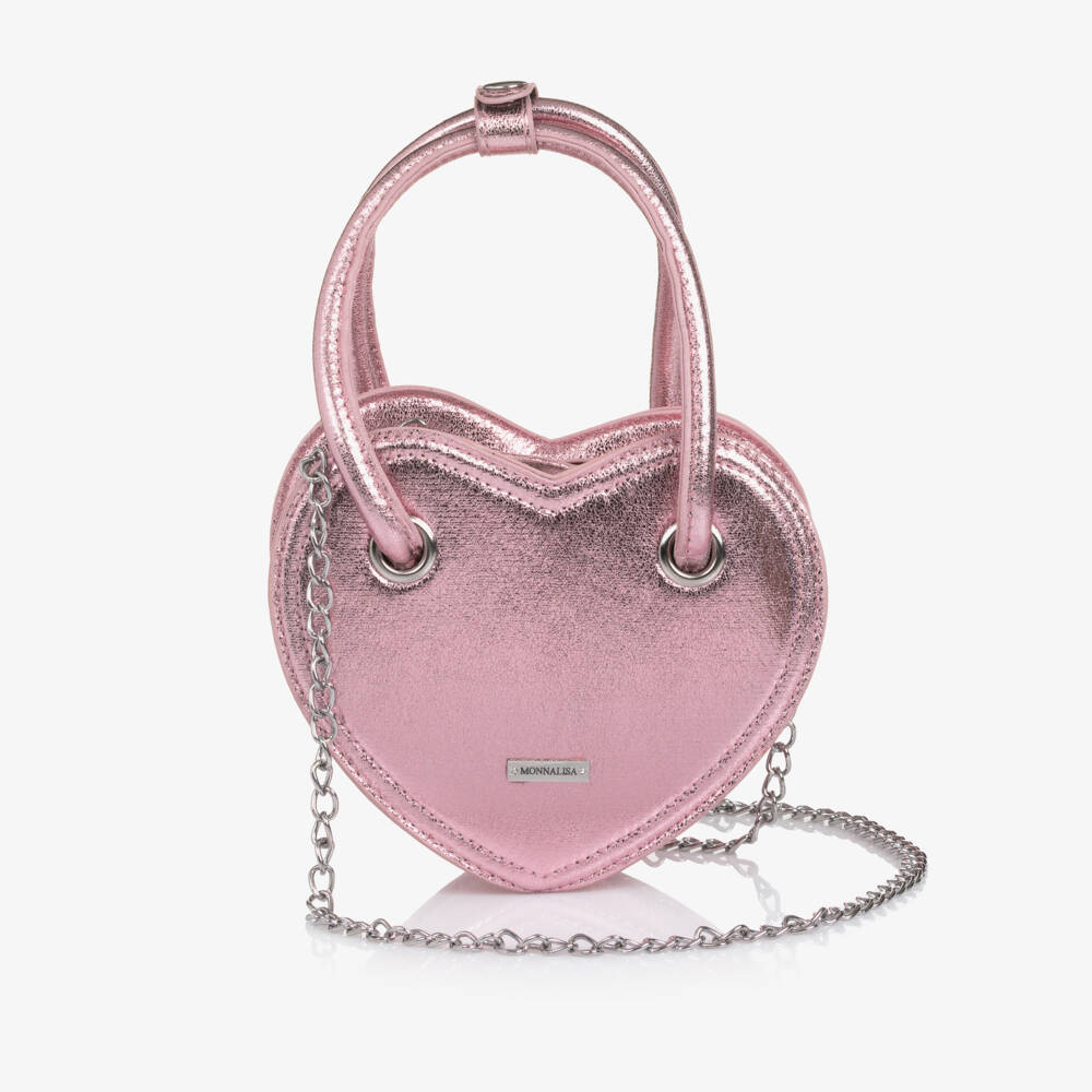 Monnalisa-Girls Metallic Pink Heart Faux Leather Handbag (18cm) | Childrensalon Outlet