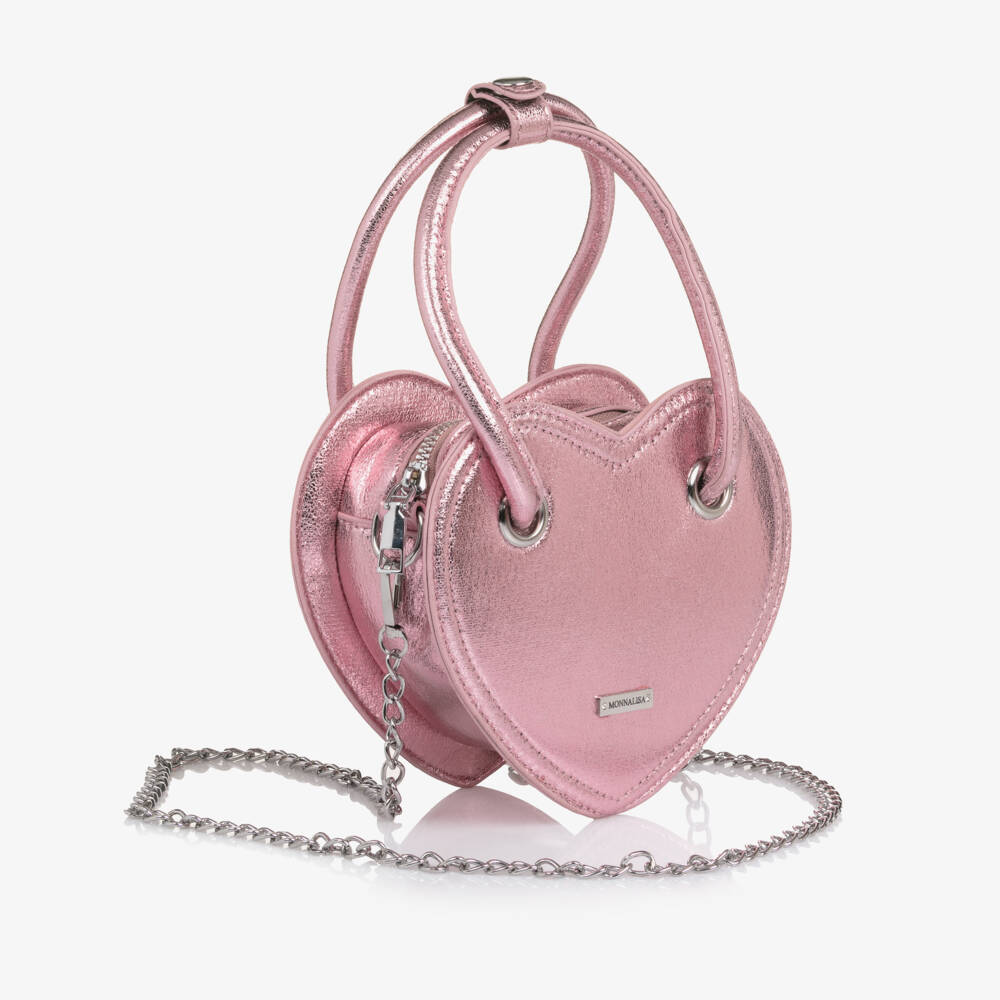 Monnalisa-Girls Metallic Pink Heart Faux Leather Handbag (18cm) | Childrensalon Outlet