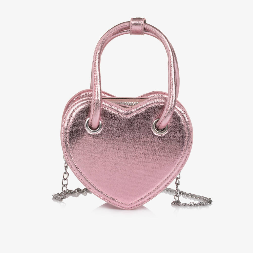 Monnalisa-Girls Metallic Pink Heart Faux Leather Handbag (18cm) | Childrensalon Outlet