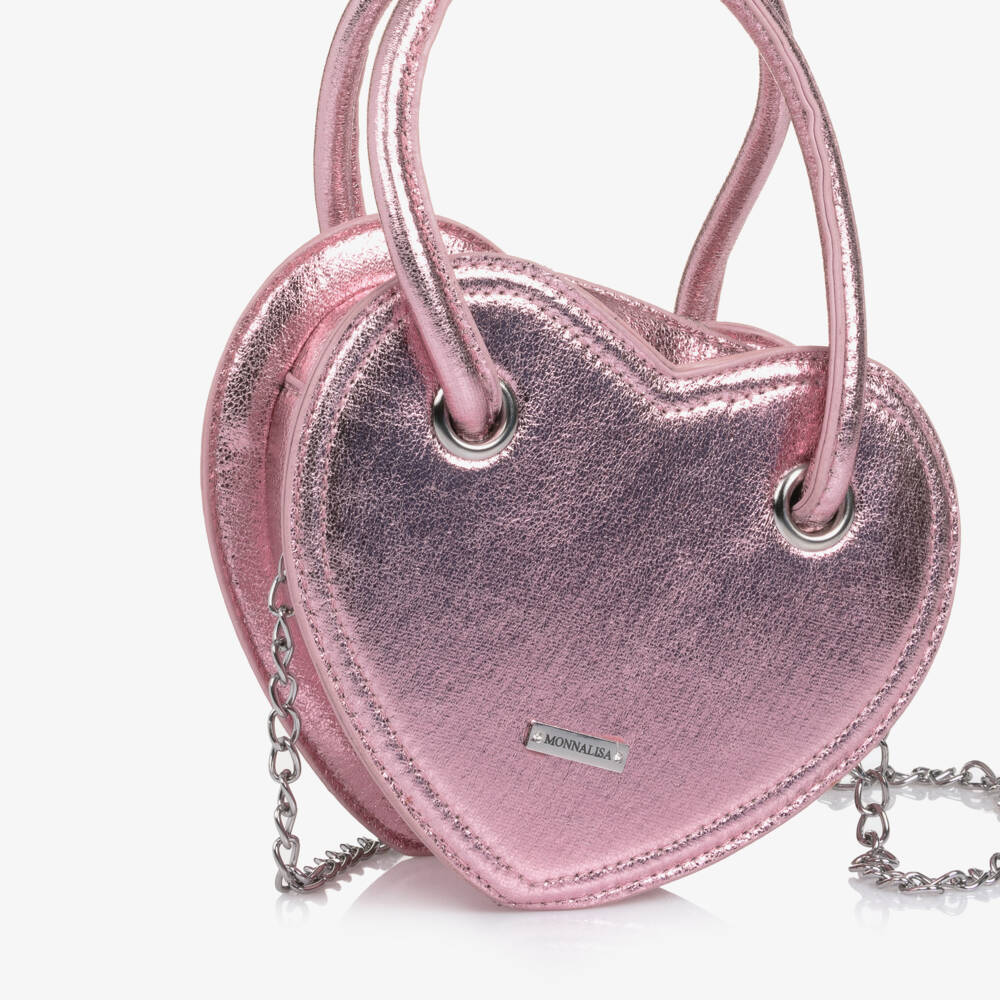 Monnalisa-Girls Metallic Pink Heart Faux Leather Handbag (18cm) | Childrensalon Outlet