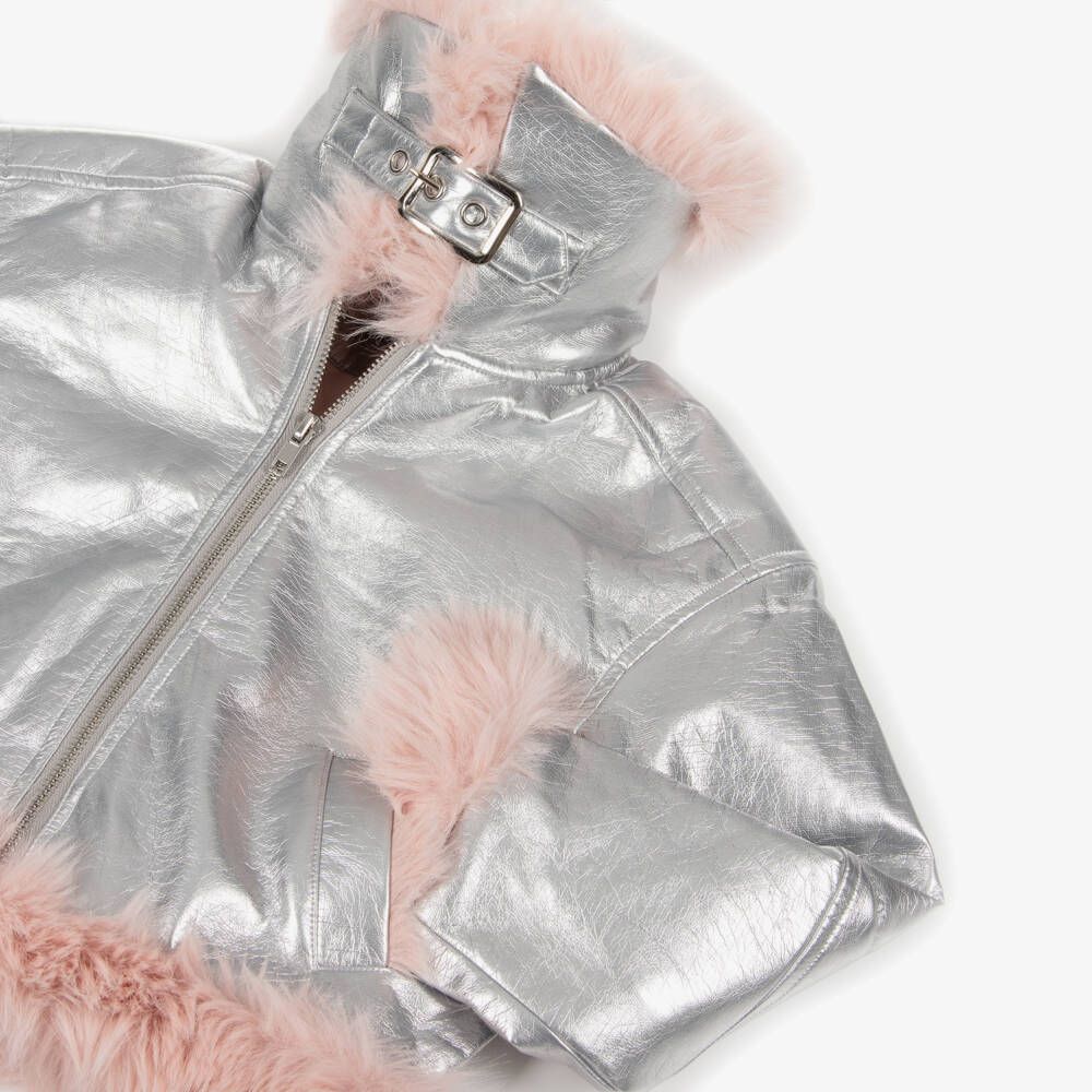 RaspberryPlum-Girls Metallic Silver Faux Leather Aviator Jacket | Childrensalon Outlet