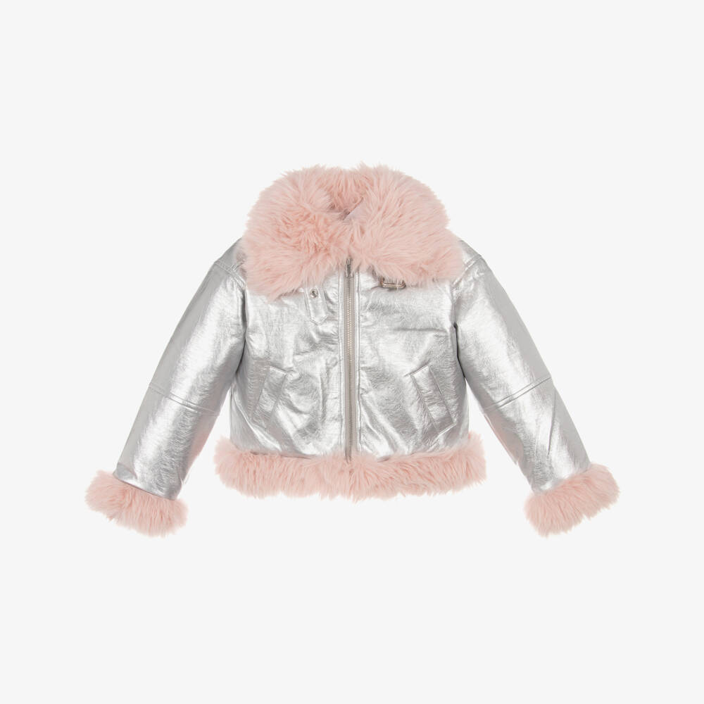 RaspberryPlum-Girls Metallic Silver Faux Leather Aviator Jacket | Childrensalon Outlet