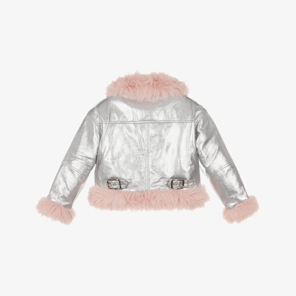 RaspberryPlum-Girls Metallic Silver Faux Leather Aviator Jacket | Childrensalon Outlet