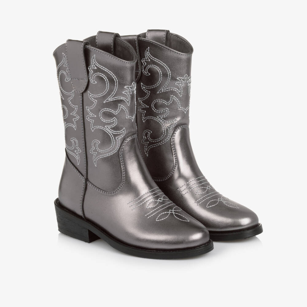 Mama Luma-Girls Metallic Silver Faux Leather Cowboy Boots | Childrensalon Outlet