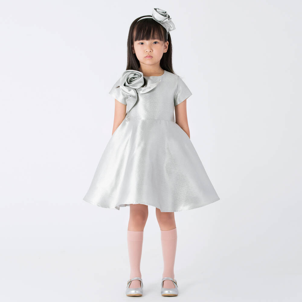 Mama Luma-Girls Metallic Silver Satin Dress with Rose Appliqué | Childrensalon Outlet