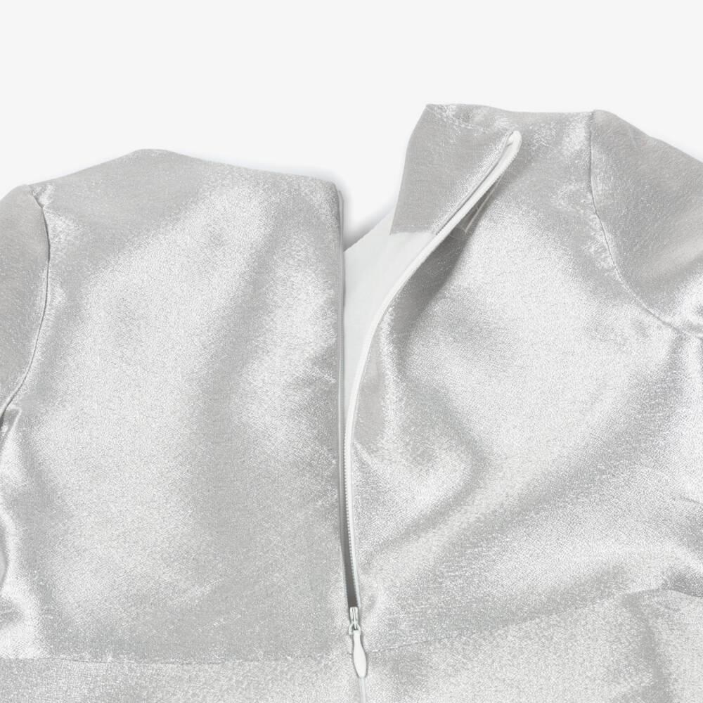 Mama Luma-Girls Metallic Silver Satin Dress with Rose Appliqué | Childrensalon Outlet