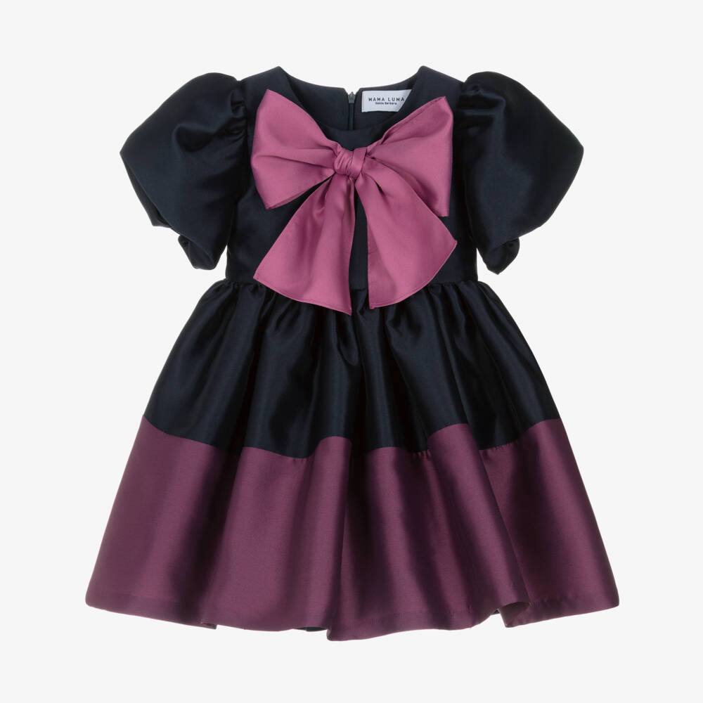 Mama Luma-Girls Mulberry & Navy Blue Satin Bow Dress | Childrensalon Outlet