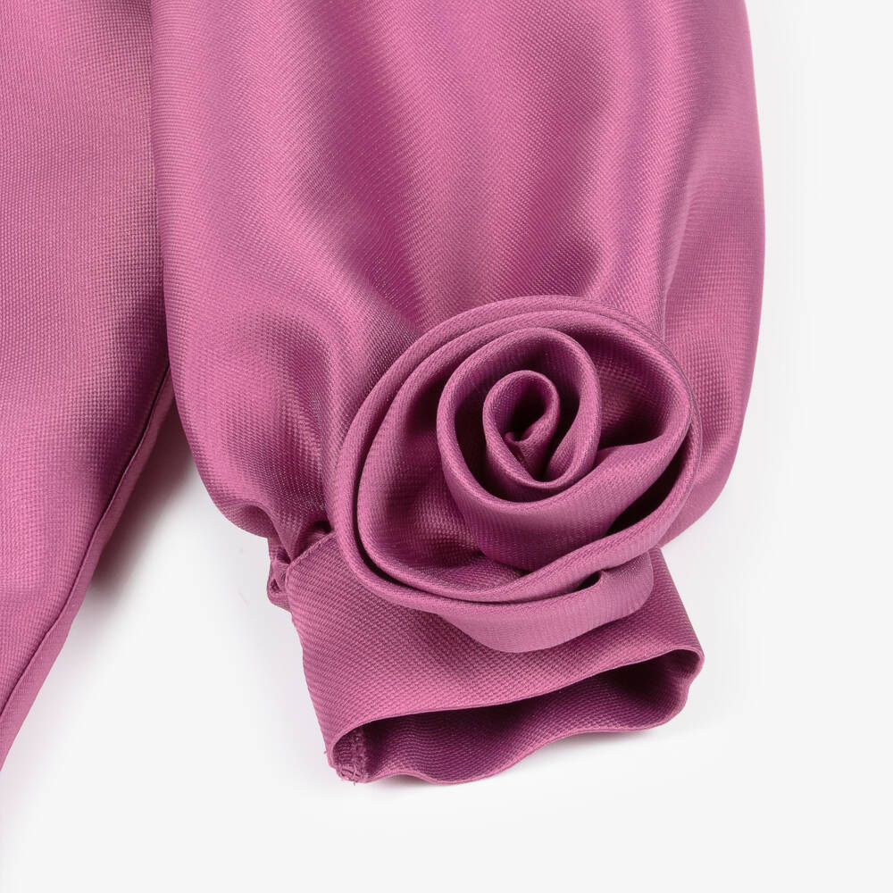 Mama Luma-Girls Mulberry Pink Satin Dress with Appliqué Flowers | Childrensalon Outlet