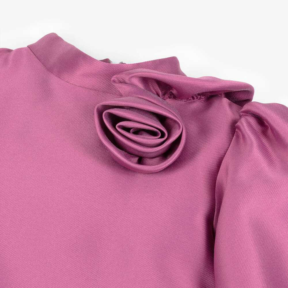 Mama Luma-Girls Mulberry Pink Satin Dress with Appliqué Flowers | Childrensalon Outlet