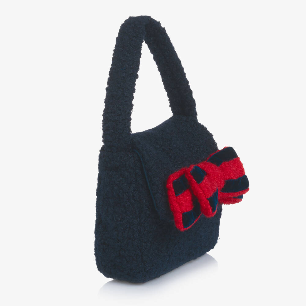 Patachou-Girls Navy Blue Bouclé Handbag with Red Bow Trim (20cm) | Childrensalon Outlet