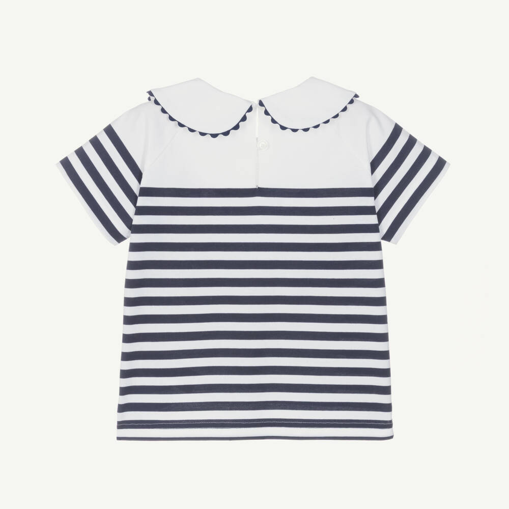 Burberry-Girls Navy Blue Breton Striped T-Shirt | Childrensalon Outlet
