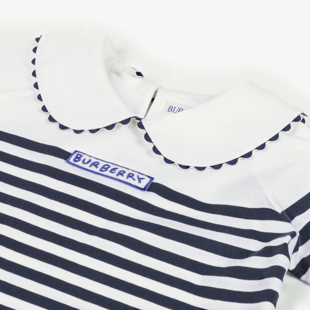 Burberry-Girls Navy Blue Breton Striped T-Shirt | Childrensalon Outlet