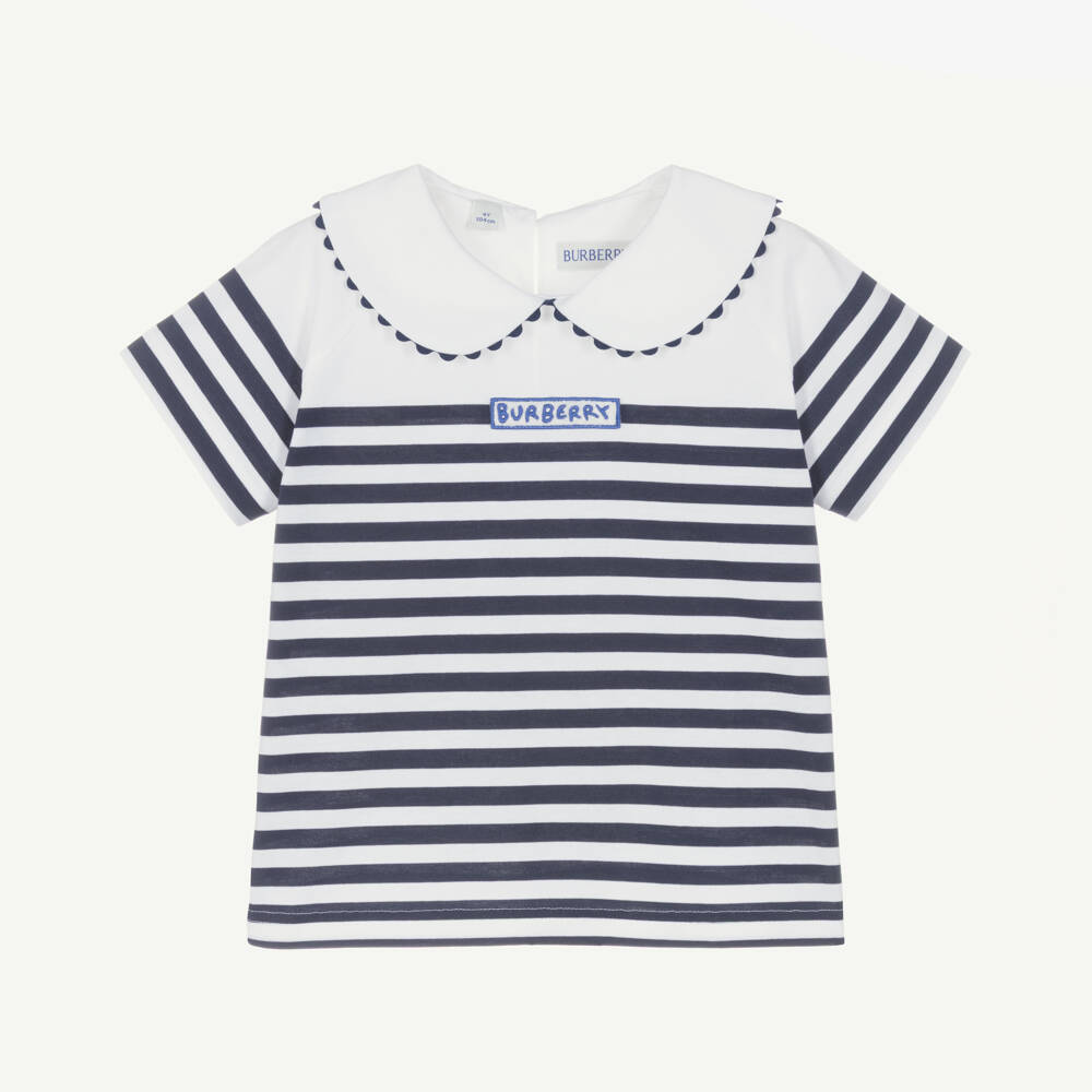 Burberry-Girls Navy Blue Breton Striped T-Shirt | Childrensalon Outlet