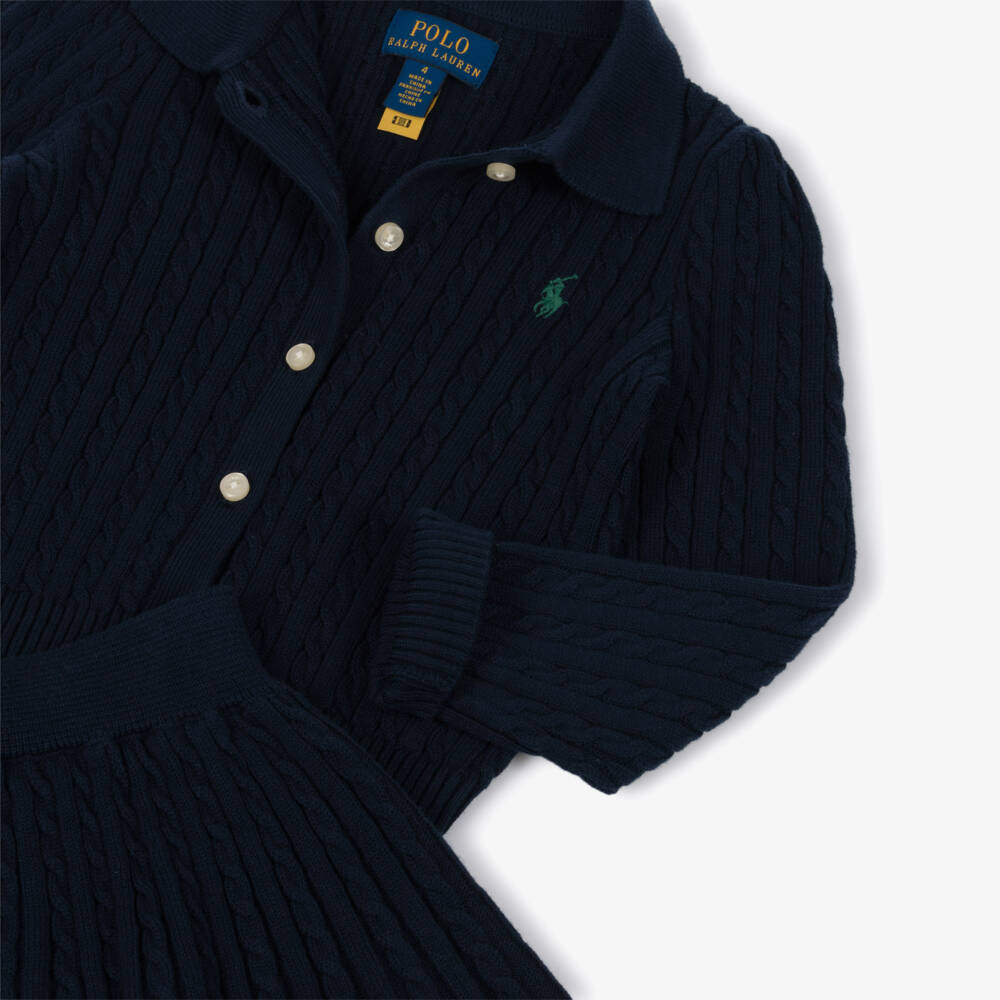 Ralph Lauren-Girls Navy Blue Cable Knit Cotton Skirt Set | Childrensalon Outlet