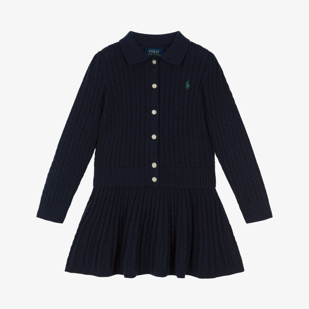 Ralph Lauren-Girls Navy Blue Cable Knit Cotton Skirt Set | Childrensalon Outlet