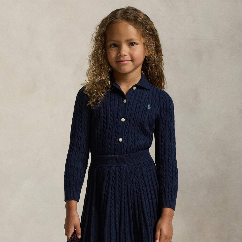 Ralph Lauren-Girls Navy Blue Cable Knit Cotton Skirt Set | Childrensalon Outlet