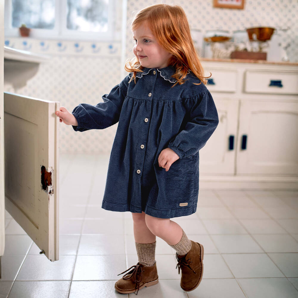 Laranjinha-Girls Navy Blue Corduroy Dress | Childrensalon Outlet