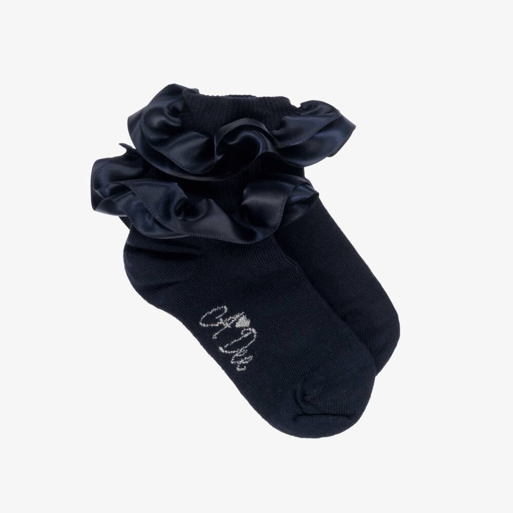 A Dee-Girls Navy Blue Cotton Ankle Socks with Satin Ruffle Cuffs | Childrensalon Outlet