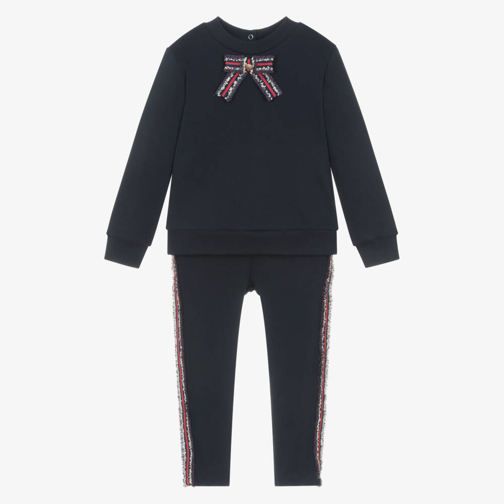Patachou-Girls Navy Blue Cotton Bow Tracksuit with Grosgrain Taping | Childrensalon Outlet